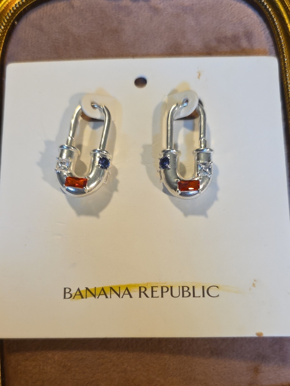 Banana Republic Rhinestone Lock Carabiner Hoop Earrings Silver Multi NWT